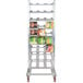 A Winholt aluminum can rack filled with food cans and containers.