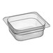 A Cambro translucent polypropylene food pan with a clear lid.