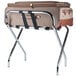 A blue suitcase on a CSL chrome metal high back luggage rack.