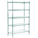 A green Metro wire shelving unit with four shelves.