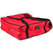 A red Rubbermaid insulated pizza delivery bag with black straps and a zipper.