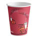 A red Solo paper hot cup with a coffee cup design on it.