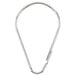 A close-up of a stainless steel shower curtain hook.