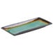 A Libbey Hakone stoneware rectangular platter with a green rim.