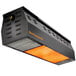 A black rectangular Schwank natural gas patio heater with orange flames.