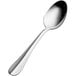 A close-up of a Bon Chef stainless steel serving spoon with a black handle.