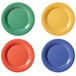 A group of colorful GET Diamond Mardi Gras melamine plates with blue, green, yellow, and red rims.