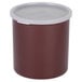 A reddish brown Cambro round polypropylene crock with a white lid.