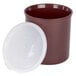 A reddish brown plastic Cambro crock with a lid.