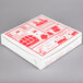 A white Choice pizza box with red designs.