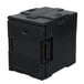 A black plastic Cambro Ultra Pan Carrier with a latch.