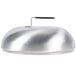 A silver metal domed cover with a black handle.