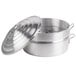 An aluminum steamer water pan with a lid.