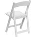 A white Flash Furniture plastic folding chair with a white padded seat.