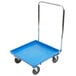 A blue plastic Vollrath Traex rack dolly with black wheels.