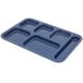 A dark blue Carlisle melamine tray with six compartments.