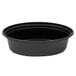 A black Pactiv oval plastic take-out container with a black lid.