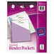 A purple Avery binder pocket with white and green papers inside.