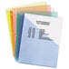A stack of Avery three ring binder pockets in assorted colors including blue, yellow, and orange.