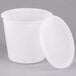 A white translucent round deli container and lid.