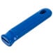 A blue silicone pan handle sleeve with a hole.