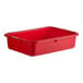 A red polyethylene plastic bus tub or bus box measuring 20 inches by 15 inches by 5 inches.