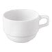 A stackable white porcelain cup with a handle.