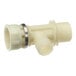 A white plastic pipe fitting with a silver metal ring.