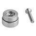 A stainless steel screw and nut next to a round metal bearing with a hole.