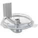 A stainless steel bowl with a grey handle.