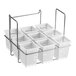 A white rack with metal rods holding nine white containers with metal handles.