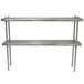 A stainless steel table mounted double deck shelving unit by Advance Tabco.