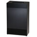 A black rectangular Rubbermaid waste receptacle with white dots around the middle.