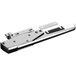 A stainless steel latch with a black handle and silver screws.