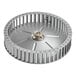 A metal blower wheel for use in ventilation or heating equipment.