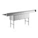 A stainless steel Advance Tabco three compartment sink with two drainboards on a white background.