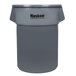 A gray Continental Huskee 55 gallon round trash can with black text on it.