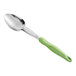 A Vollrath Jacob's Pride heavy-duty spoon with a green handle.