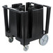 A black plastic Cambro dish caddy with wheels.