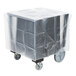 A black plastic Cambro dish caddy on wheels with a vinyl cover.