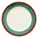 A white plate with a red and green striped border.