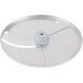 A circular silver metal Robot Coupe slicing disc with a white plastic cap.