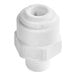 A close-up of a white plastic Manitowoc Ice adapter with threads and a hole.