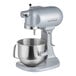 A silver Hobart countertop mixer with a stainless steel bowl and bowl lift mechanism.
