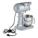 A silver Hobart N50 5-quart bowl lift countertop mixer with a stainless steel mixing bowl and attached power cord.