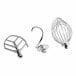 A set of three metal mixer attachments for a Hobart N50 5 Qt. bowl lift countertop mixer, including a flat beater, dough hook, and wire whip.