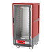 A red and silver Metro C5 heated holding cabinet with clear doors.