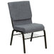 A gray church chair with a black metal frame.