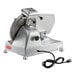 An Avantco 10" manual gravity feed meat slicer with black knobs and a black cord.