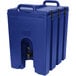 A navy blue plastic Cambro Camtainer with a tap and two handles.